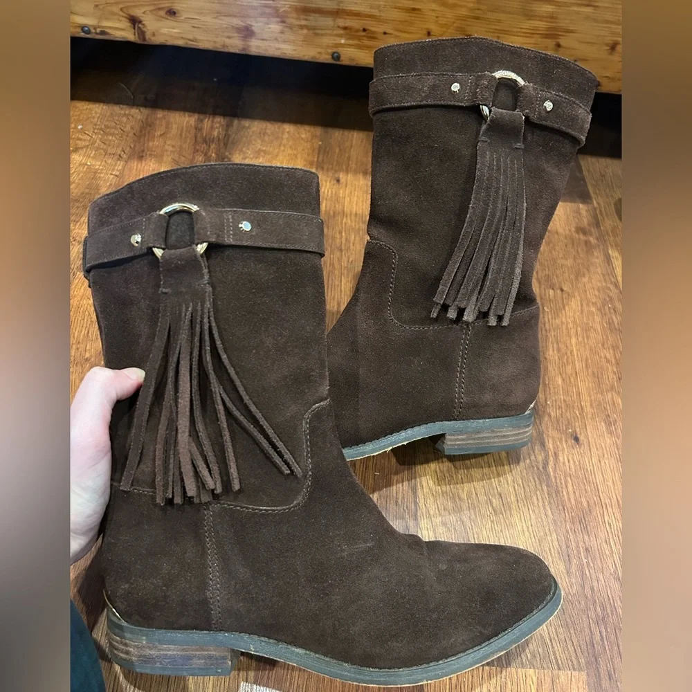 Michael Kors Rhea Brown Suede Mid Calf Boots Fringe Pull On Womens Size 7.5